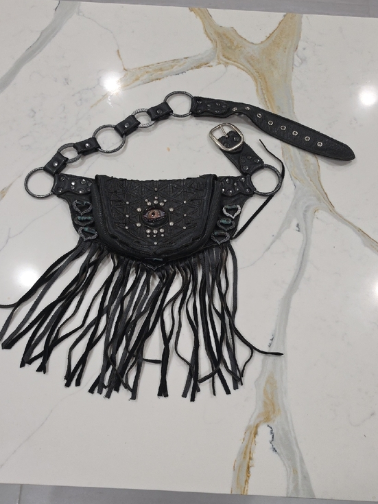 Accessories - Black Fringe Leather Hip Belt with Decorative Rings